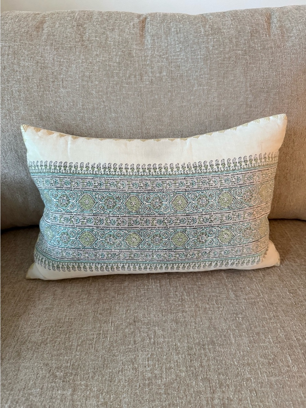 John Robshaw Cream Lumbar Pillow with Green and Blue Embroidery